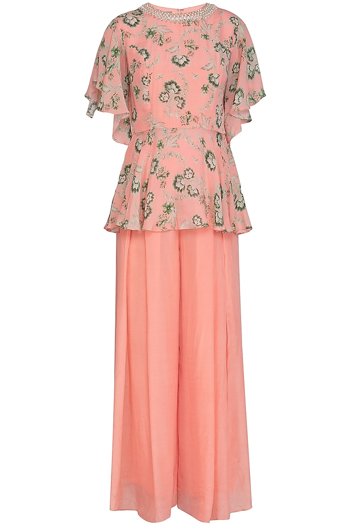 Peach Printed Pearl Peplum Top With Pleated Pants by Chhavvi Aggarwal at Pernia's Pop Up Shop