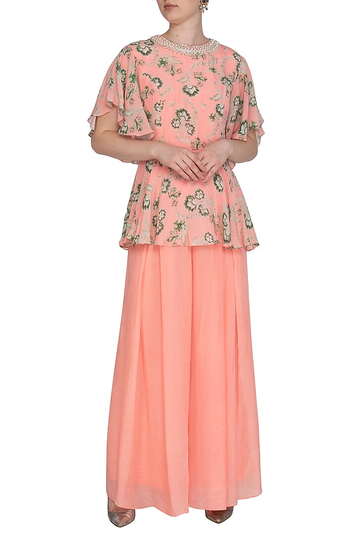 Peach Printed Pearl Peplum Top With Pleated Pants by Chhavvi Aggarwal at Pernia's Pop Up Shop