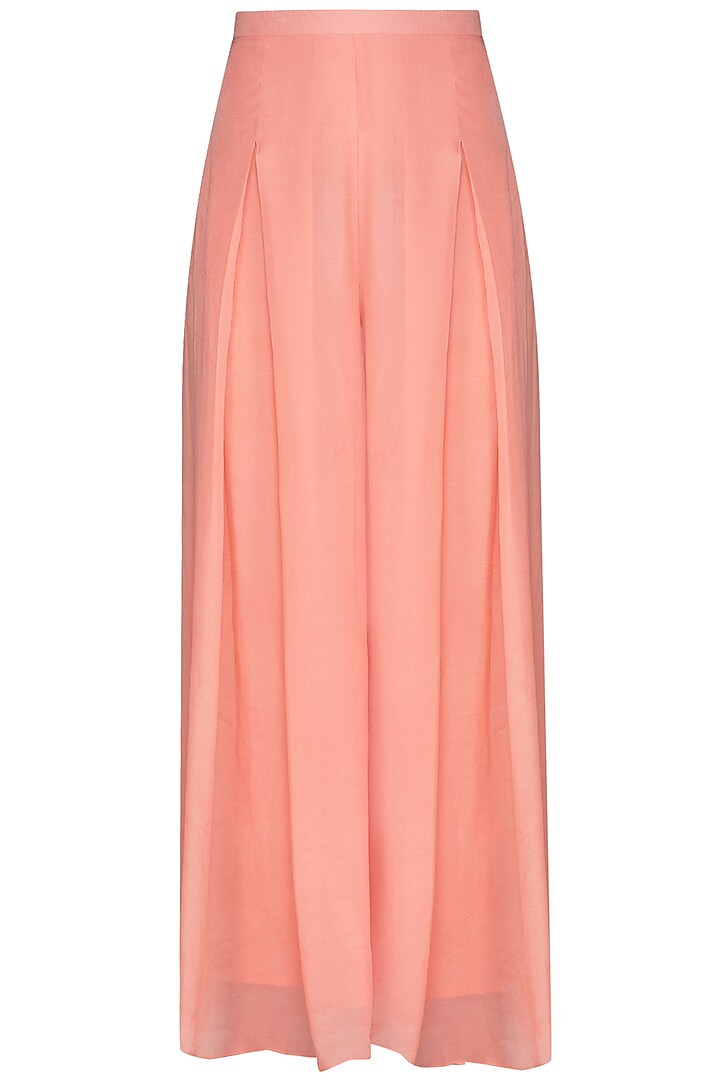 Peach Printed Pearl Peplum Top With Pleated Pants by Chhavvi Aggarwal at Pernia's Pop Up Shop