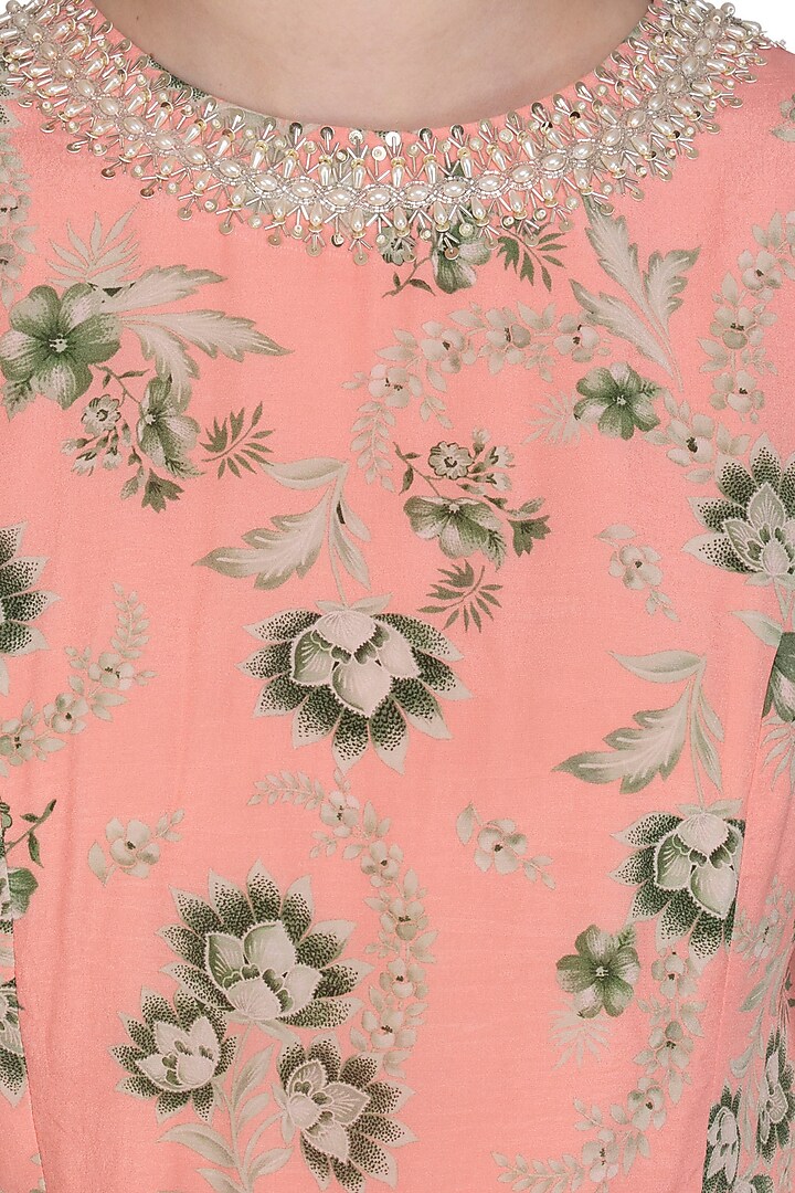 Peach Printed Pearl Peplum Top With Pleated Pants by Chhavvi Aggarwal at Pernia's Pop Up Shop