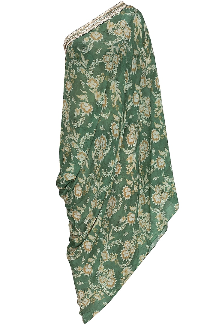 Olive Green Printed Embroidered One Shoulder Dress by Chhavvi Aggarwal
