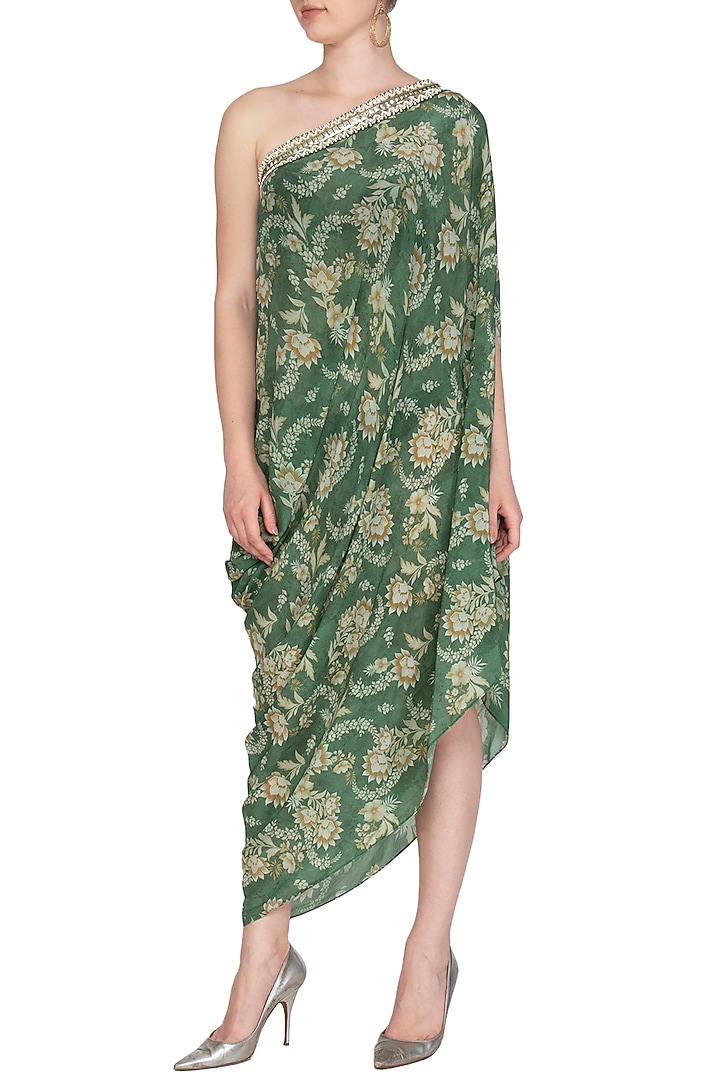 Olive Green Printed Embroidered One Shoulder Vacation Dress by Chhavvi Aggarwal at Pernia's Pop Up Shop