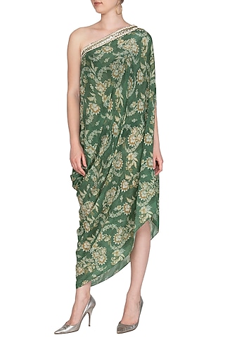 Olive Green Printed Embroidered One Shoulder Dress by Chhavvi Aggarwal