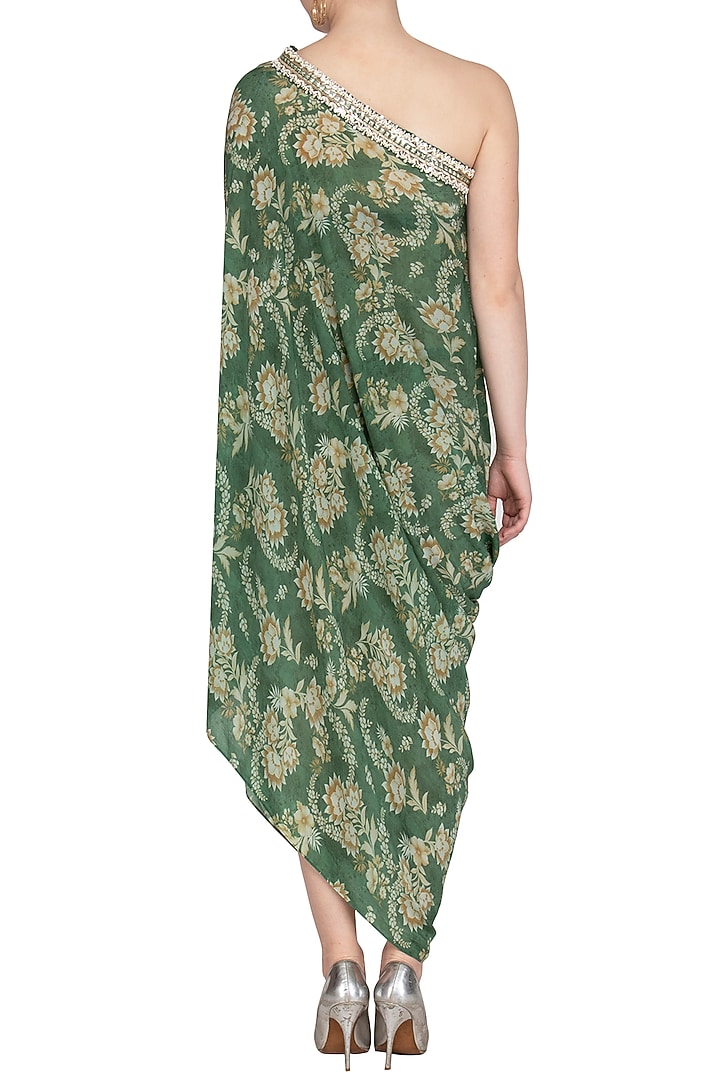 Olive Green Printed Embroidered One Shoulder Vacation Dress by Chhavvi Aggarwal at Pernia's Pop Up Shop