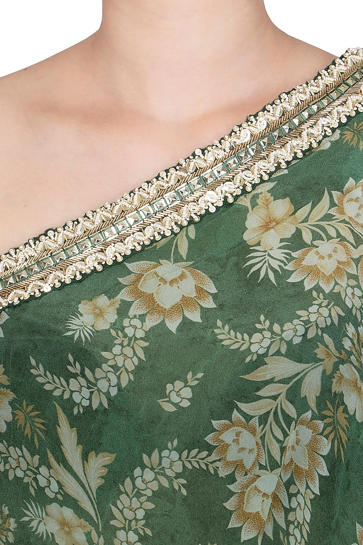 Olive Green Printed Embroidered One Shoulder Vacation Dress by Chhavvi Aggarwal at Pernia's Pop Up Shop