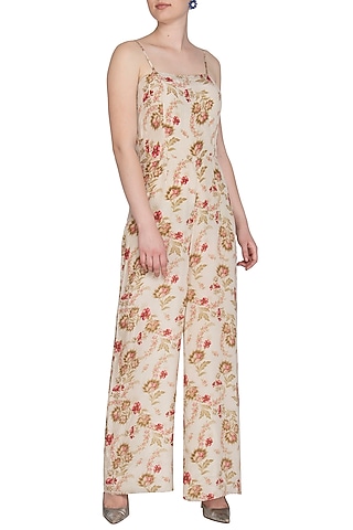 Cream Printed Jumpsuit by Chhavvi Aggarwal
