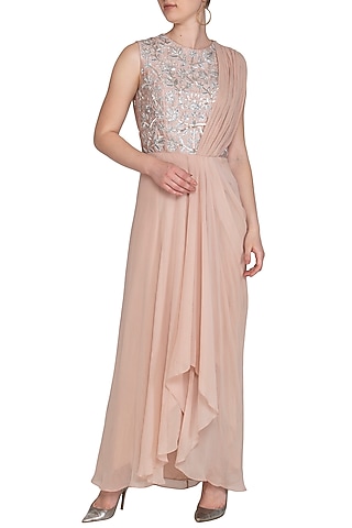 Baby Pink Embroidered Saree Gown by Chhavvi Aggarwal