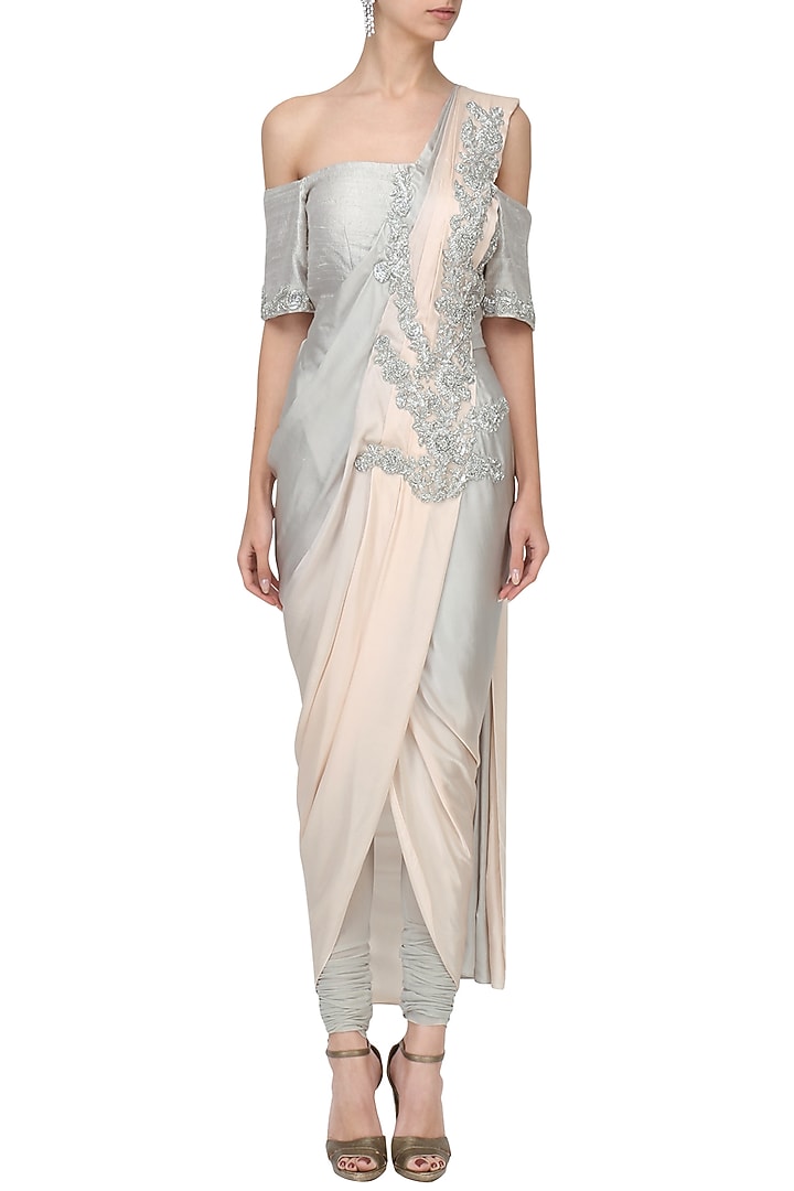 Grey ombre embroidered drape saree set available only at Pernia's Pop Up Shop.