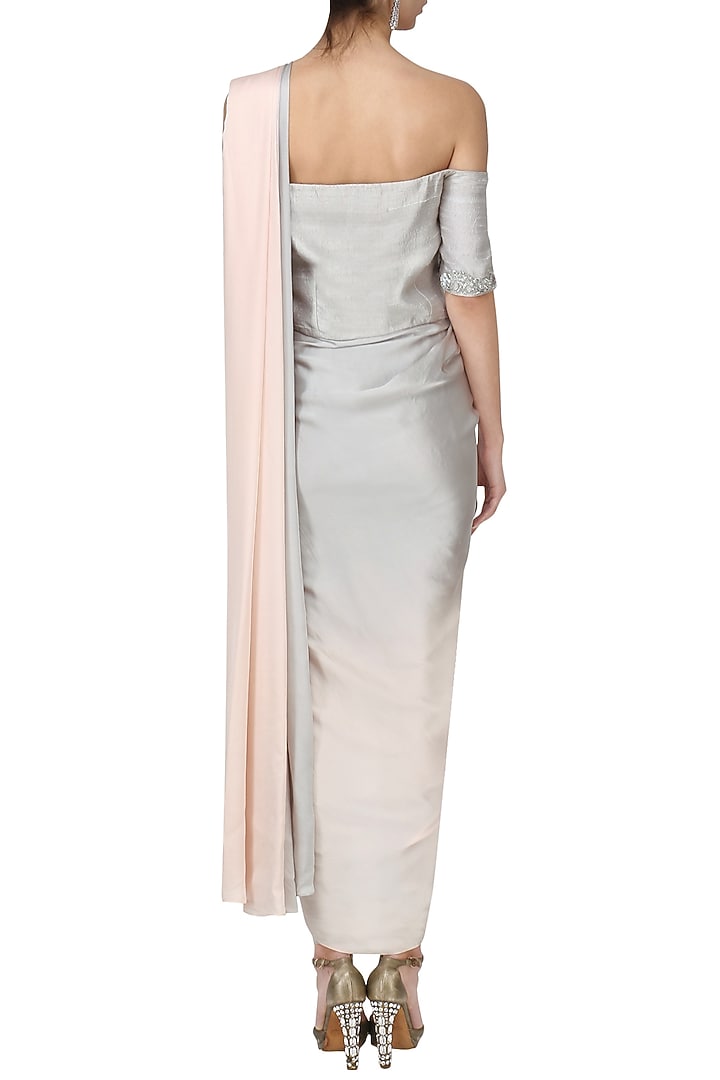 Grey ombre embroidered drape saree set available only at Pernia's Pop Up Shop.