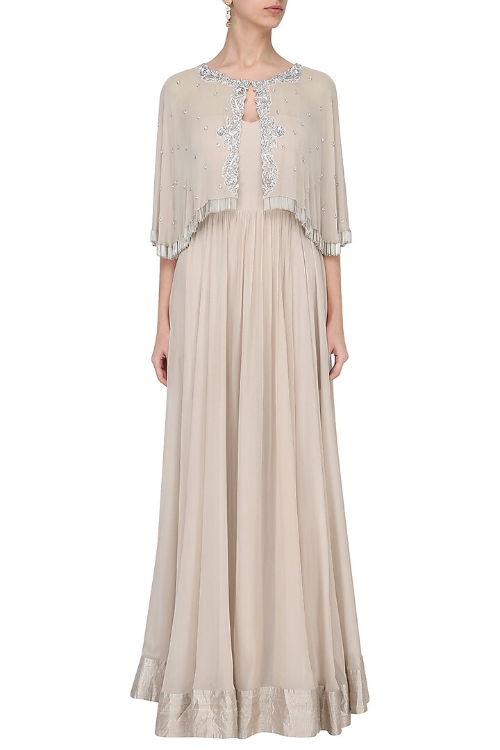Nude off shoulder gown with embroidered cape available only at Pernia's Pop Up Shop.