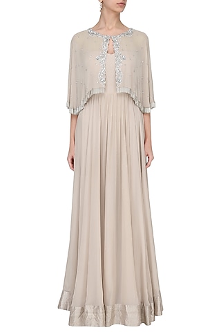 Nude Off Shoulder Gown with Embroidered Cape by Chhavvi Aggarwal