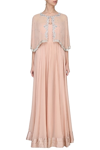 Pink Off Shoulder Gown with Embroidered Cape by Chhavvi Aggarwal