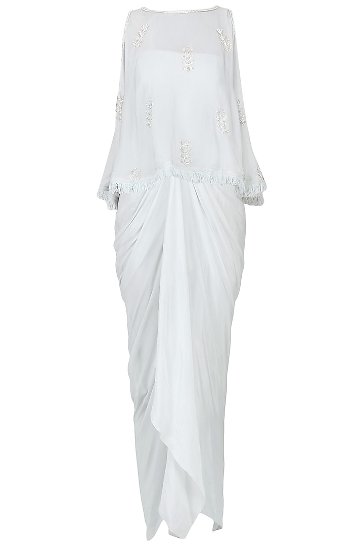 Grey Off Shoulder Drape Dress with Embroidered Cape Set by Chhavvi Aggarwal