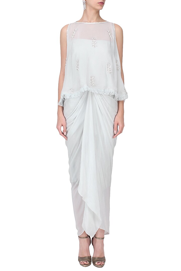 Grey off shoulder drape dress with embroidered cape set available only at Pernia's Pop Up Shop.