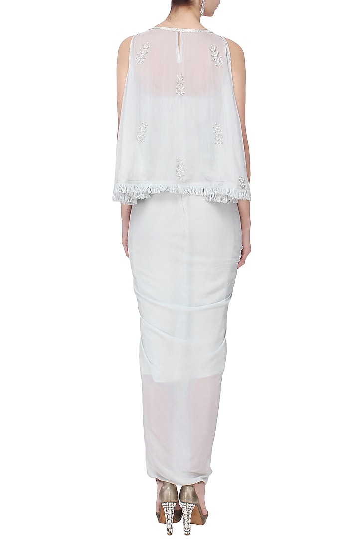 Grey off shoulder drape dress with embroidered cape set available only at Pernia's Pop Up Shop.