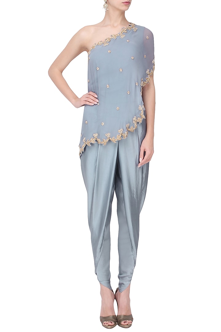 Grey embroidered cape with dhoti pants and top set available only at Pernia's Pop Up Shop.