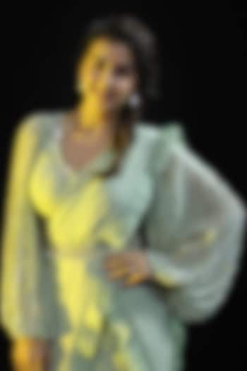 Sage Green Georgette Pre-Draped Wedding Saree Set by Chhavvi Aggarwal at Pernia's Pop Up Shop