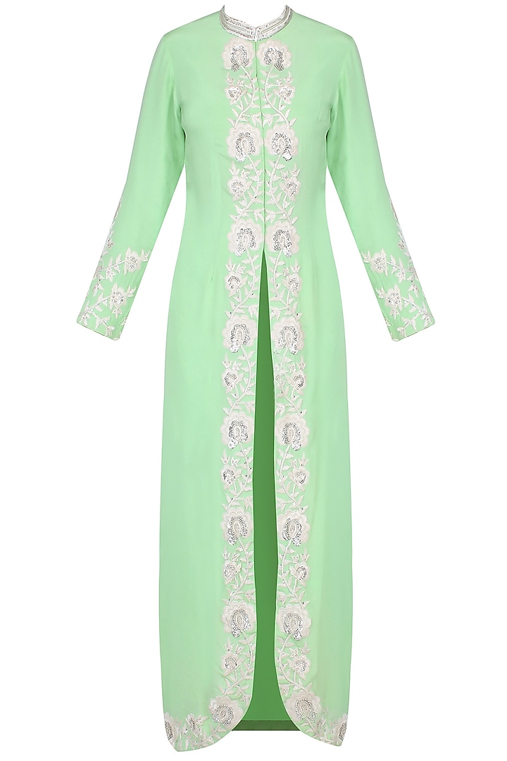 Green threadwork jacket with white dhoti pants available only at Pernia's Pop Up Shop.
