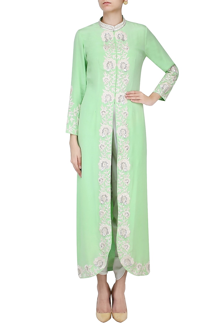 Green threadwork jacket with white dhoti pants available only at Pernia's Pop Up Shop.