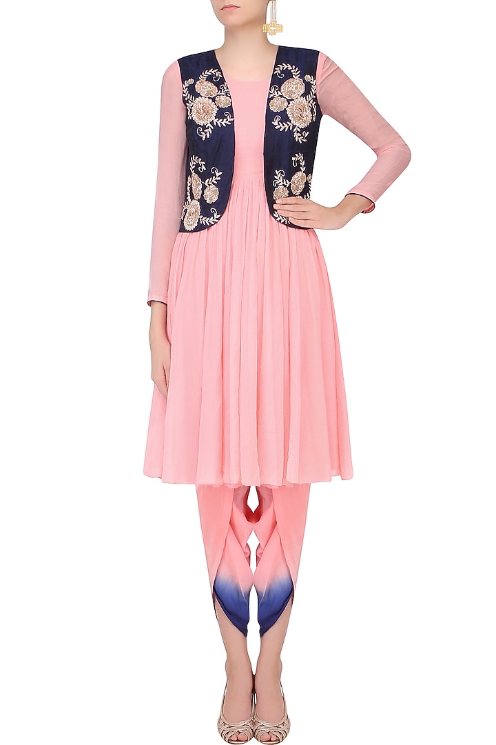 Pink chiffon kurta with blue embroidered gilet and dhoti available only at Pernia's Pop Up Shop.