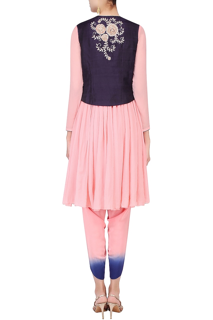 Pink chiffon kurta with blue embroidered gilet and dhoti available only at Pernia's Pop Up Shop.