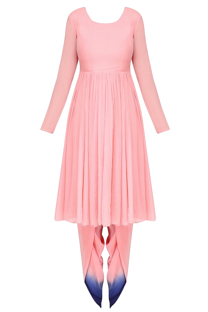 Pink chiffon kurta with blue embroidered gilet and dhoti available only at Pernia's Pop Up Shop.