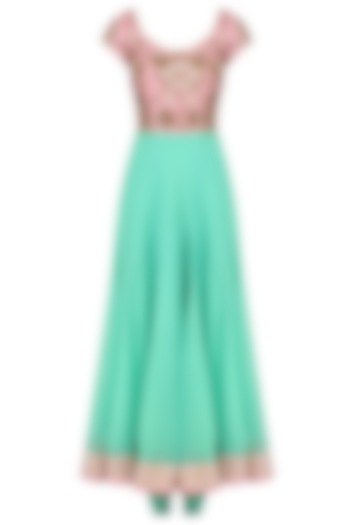 Sea Green and Pink Embroidered Anarkali Set by Chhavvi Aggarwal
