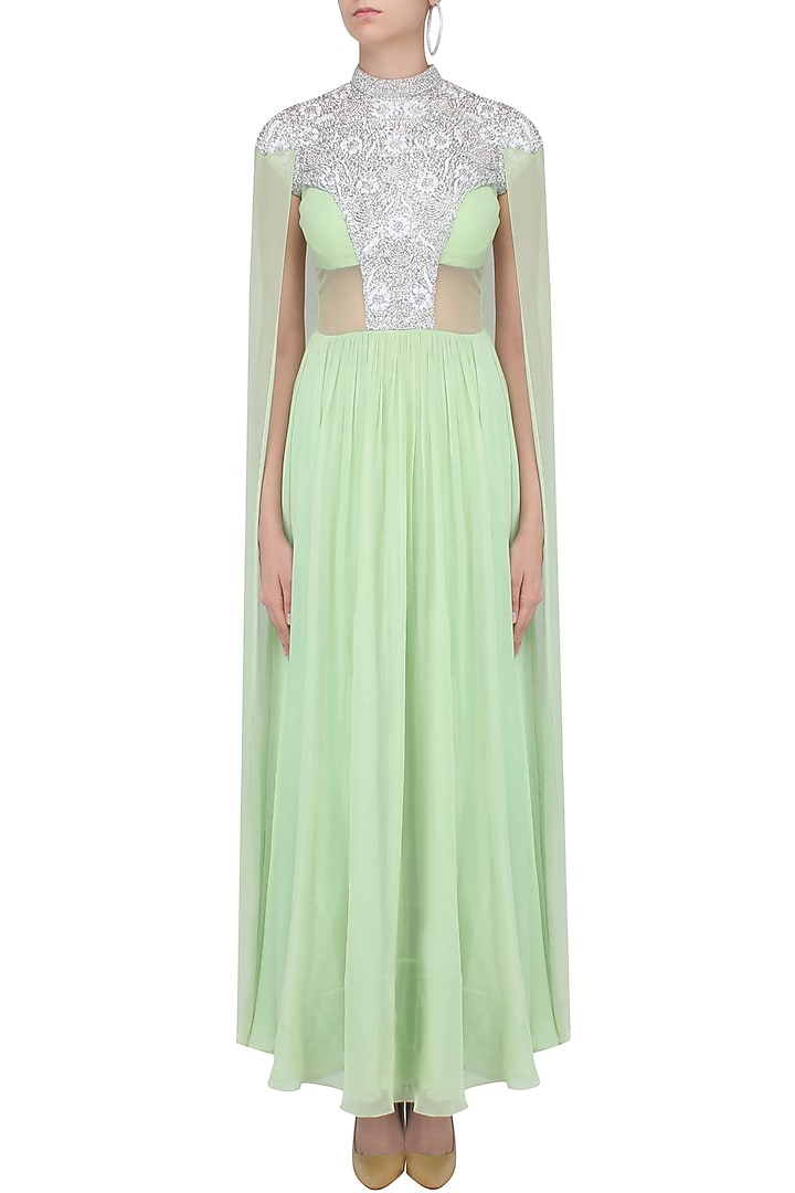 Green embroidered cape suit available only at Pernia's Pop Up Shop.