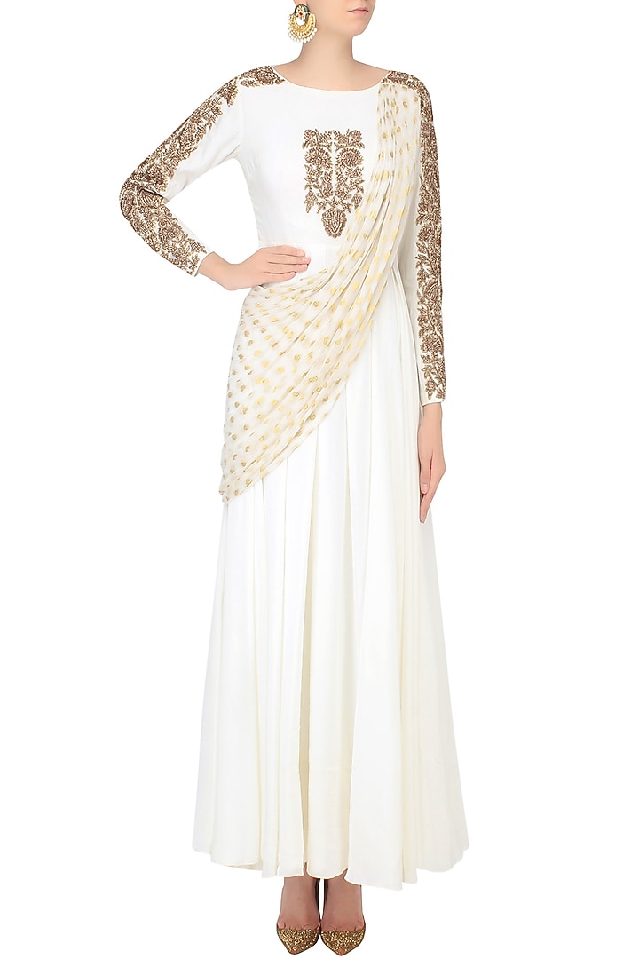 White embroidered drape dupatta anarkali available only at Pernia's Pop Up Shop.