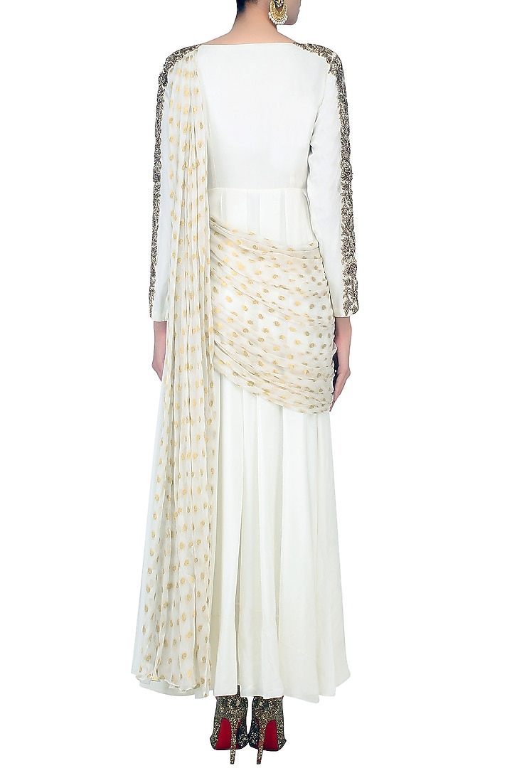 White embroidered drape dupatta anarkali available only at Pernia's Pop Up Shop.