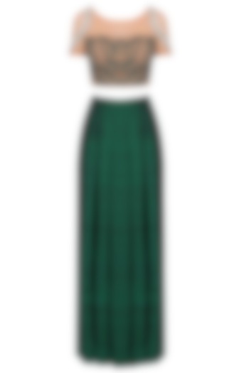 Nude colour embroidered crop top with green skirt available only at Pernia's Pop Up Shop.