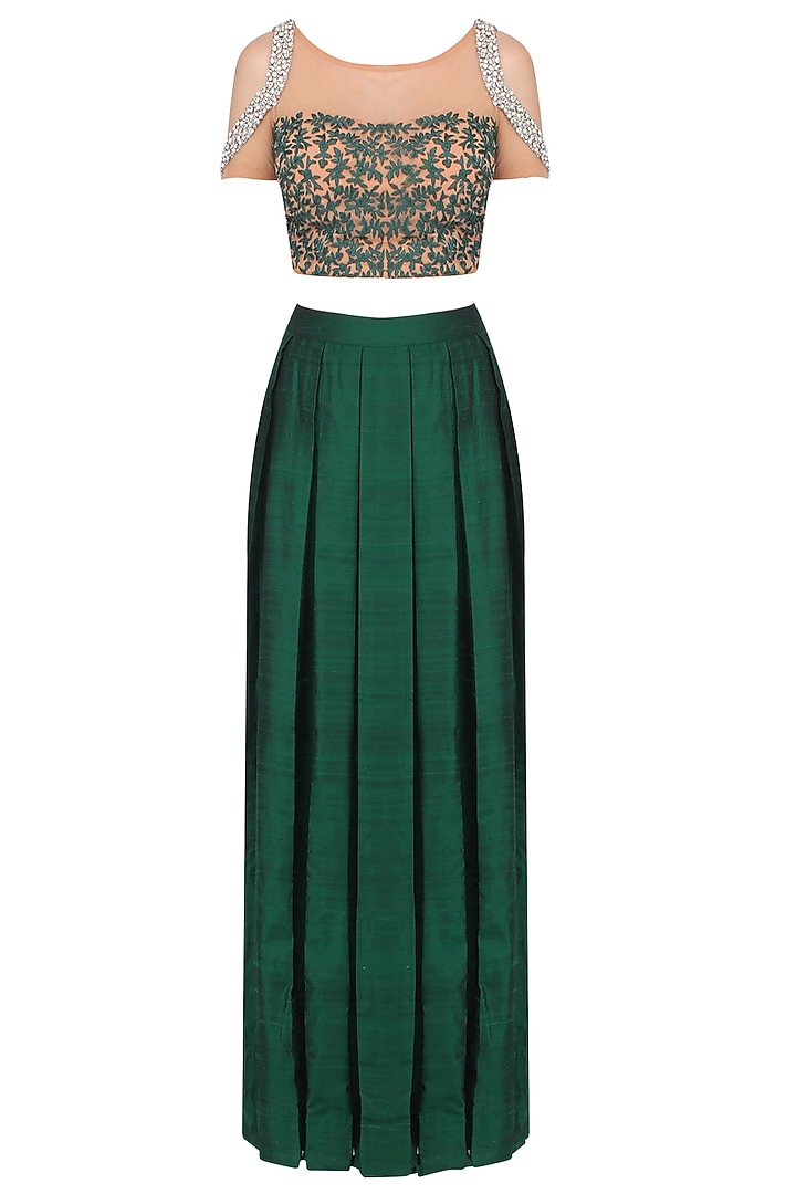 Nude colour embroidered crop top with green skirt available only at