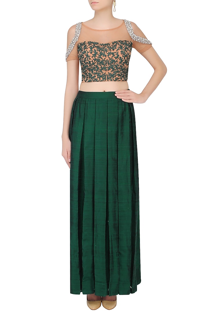 Nude colour embroidered crop top with green skirt available only at Pernia's Pop Up Shop.