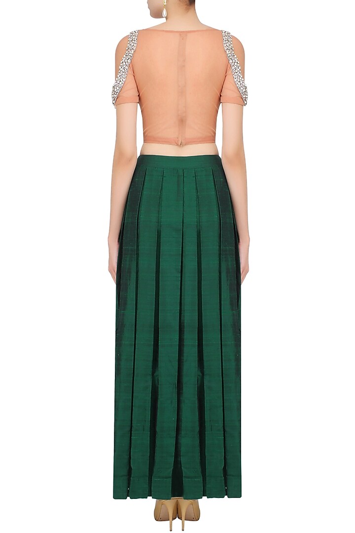 Nude colour embroidered crop top with green skirt available only at Pernia's Pop Up Shop.