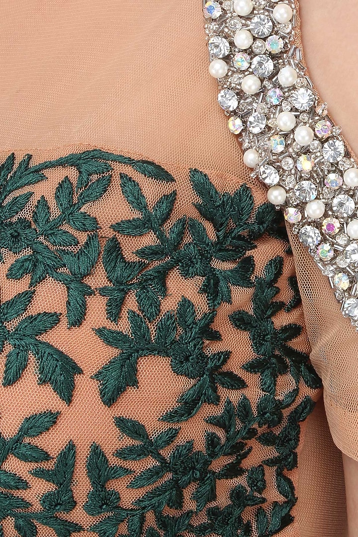 Nude colour embroidered crop top with green skirt available only at Pernia's Pop Up Shop.