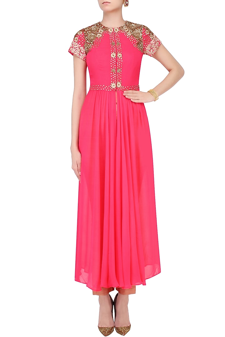Pink embroidered drape jacket with brown pants available only at Pernia's Pop Up Shop.