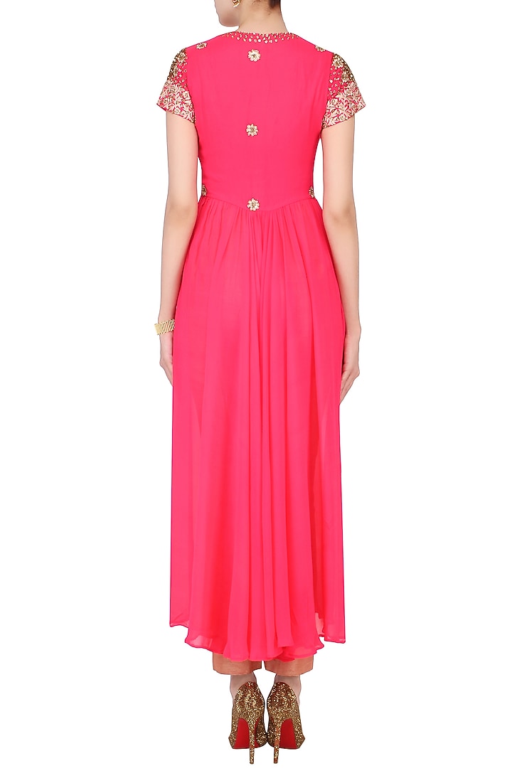 Pink embroidered drape jacket with brown pants available only at Pernia's Pop Up Shop.