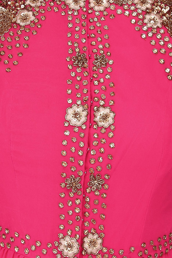 Pink embroidered drape jacket with brown pants available only at Pernia's Pop Up Shop.