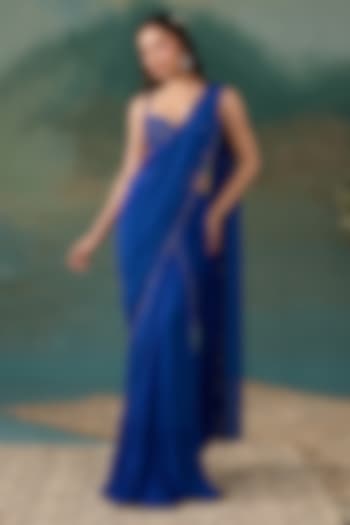 Royal Blue Georgette Embellished Wedding Saree Set by Chhavvi Aggarwal at Pernia's Pop Up Shop