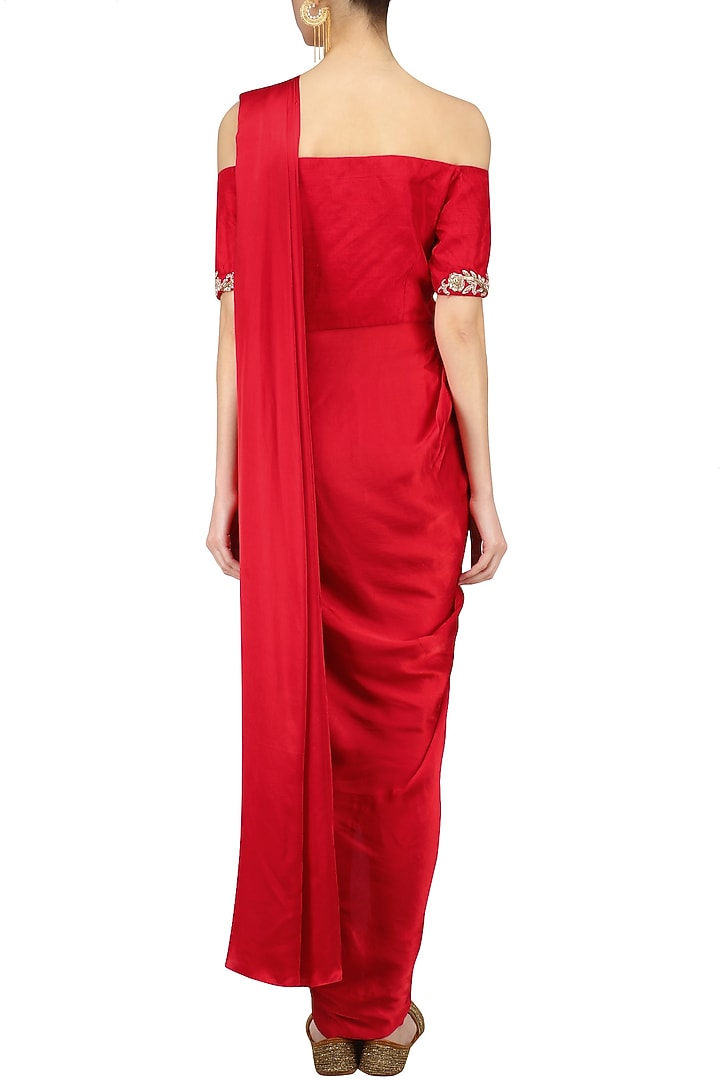 Red off shoulder drape kurta set available only at Pernia's Pop Up Shop.