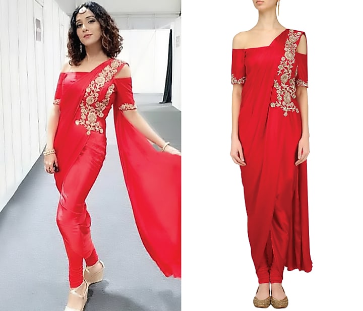 Red off shoulder drape kurta set available only at Pernia's Pop Up Shop.