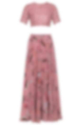 Onion pink embroidered crop top with skirt by CHHAVVI AGGARWAL