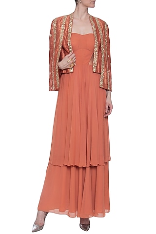Rust embroidered gown with jacket by CHHAVVI AGGARWAL