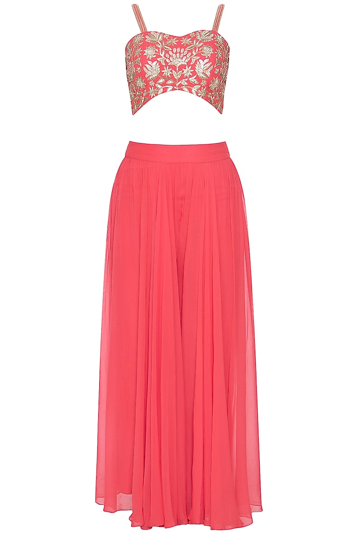 Coral embroidered blouse with palazzo pants and jacket available only at Pernia's Pop Up Shop.