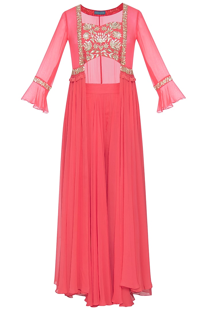 Coral embroidered blouse with palazzo pants and jacket by CHHAVVI AGGARWAL