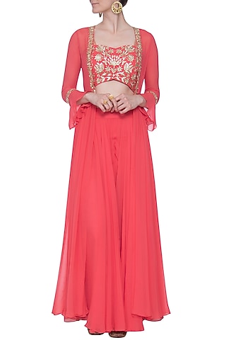 Coral embroidered blouse with palazzo pants and jacket by CHHAVVI AGGARWAL