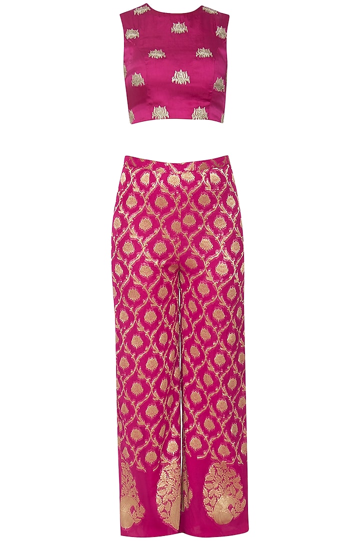 Rani pink embroidered crop top with pants and dupatta by CHHAVVI AGGARWAL