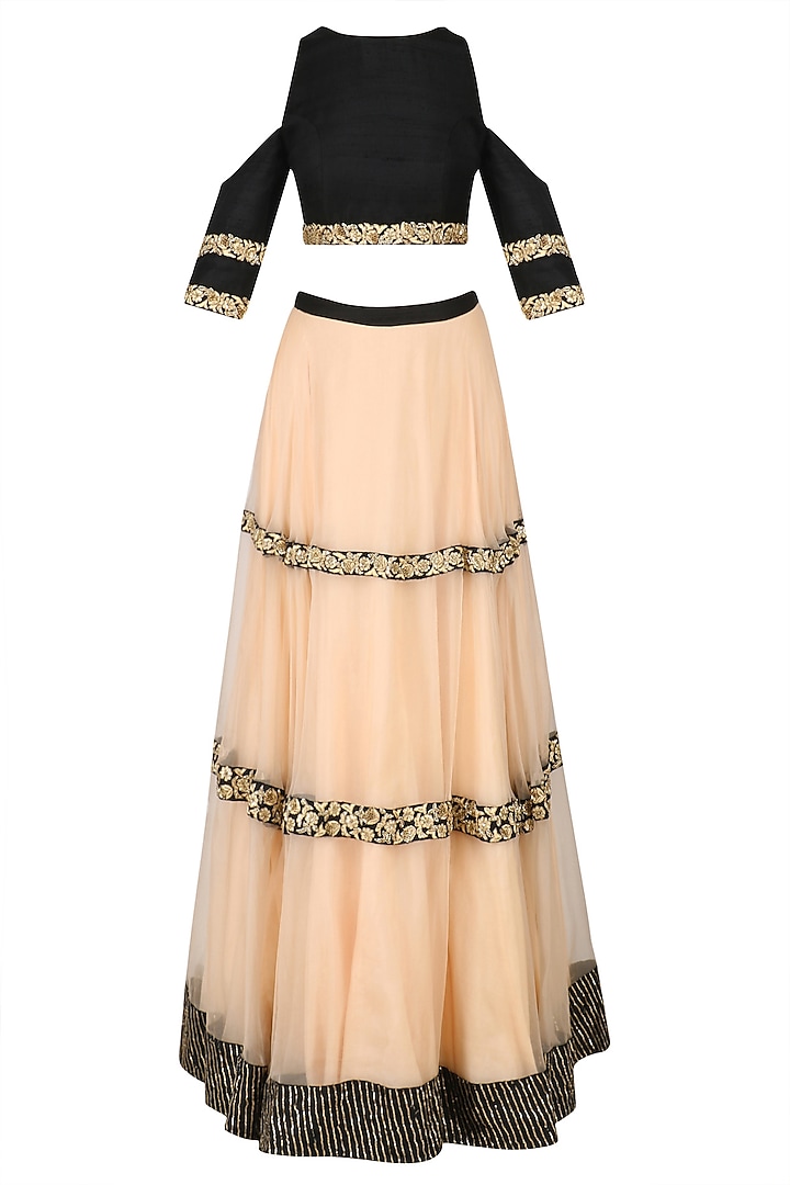 Black Cut Out Crop Top and Zardozi Embroidered Lehenga Skirt by Chhavvi Aggarwal