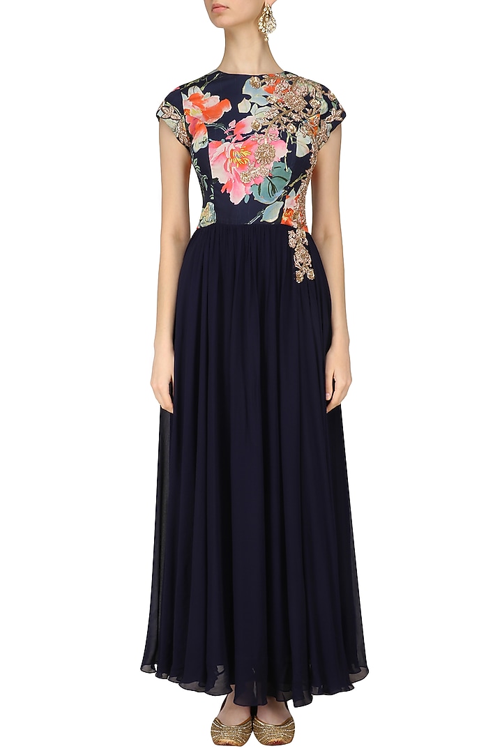 Navy blue floral printed kurta and churidaar set available only at Pernia's Pop Up Shop.