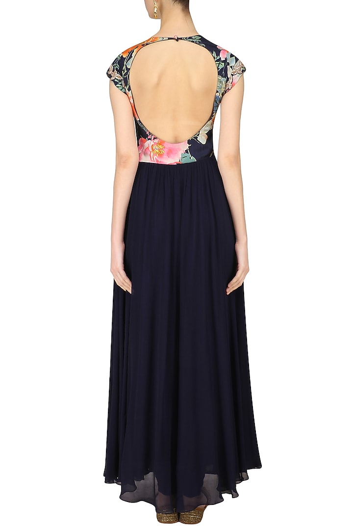 Navy blue floral printed kurta and churidaar set available only at Pernia's Pop Up Shop.